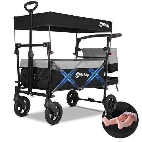 Produktbild: Sekey Bollerwagen Faltbar mit Dach 2 Kinder 150KG, Faltbarer Bollerwagen Handwagen Schiebegriff, Kinderwagen Stoßfest PU Räder mit Bremsen 110L, SS5050, Grau mit Schwarz