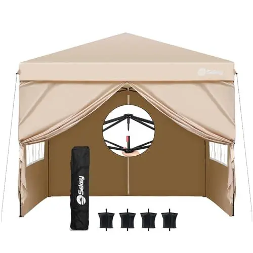 Produktbild: Sekey One-Touch Pop Up Pavillon 3x3 Wasserdicht Stabil Winterfest mit Seitenteile, Faltpavillon 3x3m mit Verdickten Röhren, Partyzelt Pavillion Klappbar für Camping Festival Party, Kahki