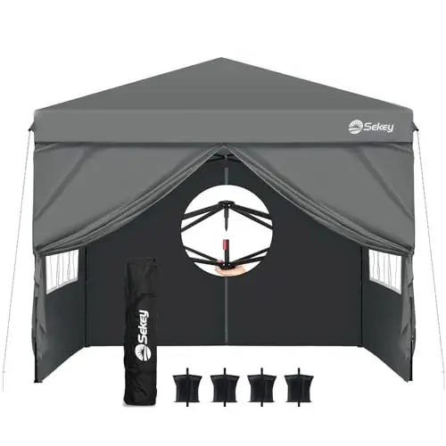 Produktbild: Sekey One-Touch Pop Up Pavillon 3x3 Wasserdicht Stabil Winterfest mit Seitenteile, Faltpavillon 3x3m mit Verdickten Röhren, Partyzelt Pavillion Klappbar für Camping Festival Party, Grau