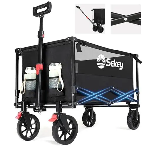 Produktbild: Sekey XXL Bollerwagen Faltbar mit Bremsen 160L 150KG Belastbar, Faltbarer Bollerwagen Geländetauglich, Klappbarer Handwagen Strand Camping Einkaufen, XXL-Sieger 3011, Schwarz