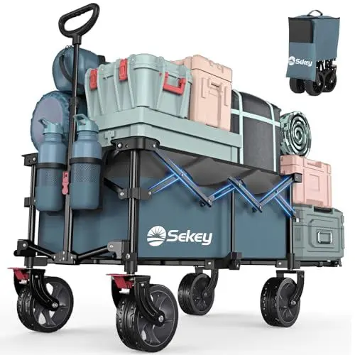Produktbild: Sekey XXL Bollerwagen Faltbar mit Erweiterbarer Heckklappe 135L & 200L, Faltbarer Bollerwagen Klappbar Angelwagen Zusammenfaltbar aus Vier Richtungen bis 150KG, Flexi 4019, Blau mit Grau