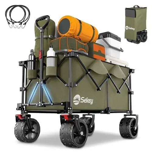 Produktbild: Sekey XXL Plus Bollerwagen Faltbar mit Bremsen 200L 200KG Belastbar, 17x10 cm Extra Breite Reifen All Terrain Bollerwagen, Patentiert Zusammenfaltbar aus Vier Richtungen, XXL-PlusB 4011, Grün