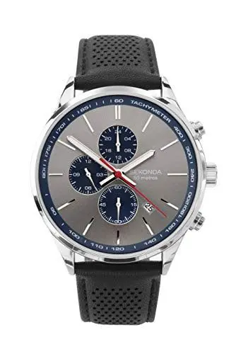 Produktbild: Sekonda Endurance Herren-Quarzuhr 44 mm in Schwarz mit analoger Datumsanzeige und schwarzem Lederarmband, grau, 1711-AMZUK