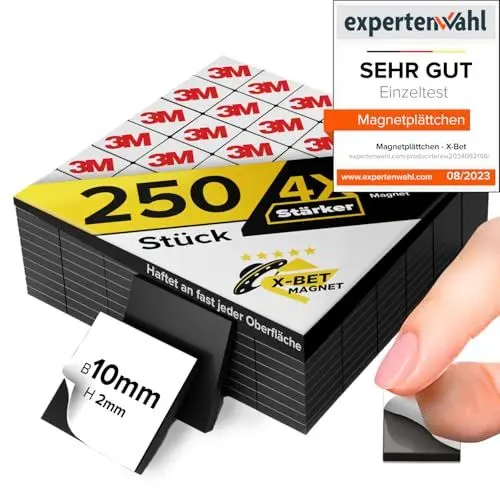 Produktbild: Selbstklebende Magnetplättchen (250 Stück) - Maximale Haftkraft mit Premium Kleber - Extra Starke Magnetstreifen I Dünne Magnetfolie selbstklebend