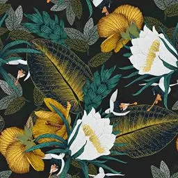 Produktbild: Selbstklebende Tapete Gold/Grün/Schwarz Klebefolie für Möbel Wasserdichte Dschungel Wandtapete Selbstklebend Schwarze Folie Luxuriös Mustertapete Blumen Weiß Deko PVC MöBelfolie Muster 44.5cm X 10m