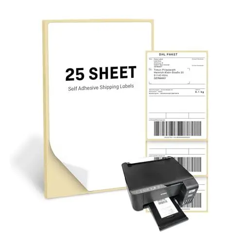 Produktbild: Selbstklebende Versandetiketten DIN A6 – 100 x 150 mm, Bedruckbar mit Inkjet- & Laserdruckern, Wasser- & Ölbeständig - Perfekt für DHL, DPD, UPS, FedEx, GLS – Hochwertige, matte Oberfläche, 25 Etikett