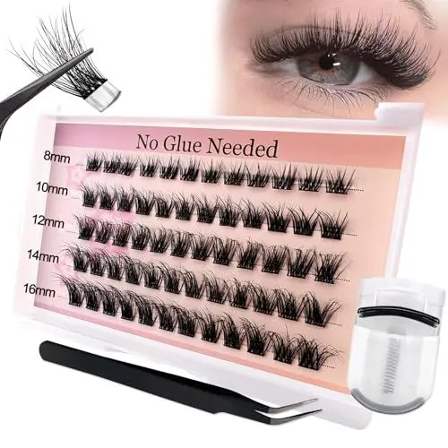 Produktbild: Selbstklebende Wimpern Cluster Kit with Lashes Curler, vorgeklebte Wimpernbüschel 60 Stück Flauschiges C Curl Einzelwimpern 8-16mm Kein Kleber Kein Entferner benötigt DIY Wimpernverlängerung Kit(HG04)