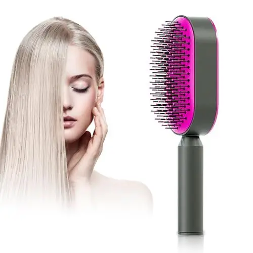 Produktbild: Selbstreinigende Haarbürste, Paddel Haarbürste Zum Entwirren von Haaren für Frauen, Abgerundeter Kamm Zur Kopfhautmassage, Ideal für Nasses oder Trockenes Haar (Rosenrot)