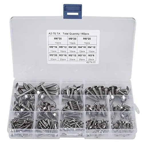 Produktbild: Selbstschneidende Schrauben 180Pcs, Blechschrauben Selbstschneidend Edelstahl Flachkopf Sortiment Set für M3 M4 M5 M6 Kreuzschlitzschrauben Kreuzschlitz Holzschrauben