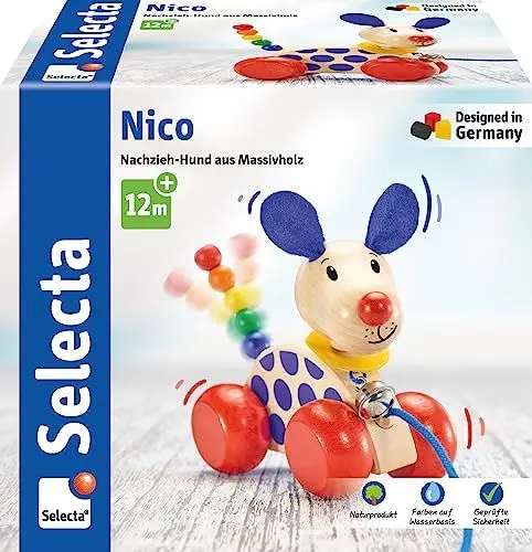 Produktbild: Selecta 62026 Nico, Nachzieh Hund, Schiebe-und Nachziehspielzeug, 1 Jahr to 3 Jahre, aus Holz, 12 cm