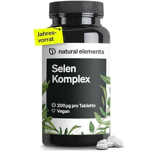 Produktbild: Selen Komplex – 365 Tabletten mit je 200µg – Komplex aus Natriumselenit und Selenmethionin – vegan, hochdosiert, ohne unnötige Zusätze – in Deutschland produziert & laborgeprüft