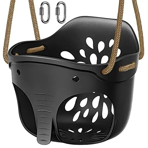 Produktbild: SELEWARE Babyschaukel Outdoor Zubehör, hohe Rückenlehne, volle Eimer-Schaukelsitze mit verstellbarem Seil und 4 Karabinern, niedliches Elefanten-Design, 600 Pfund Kapazität