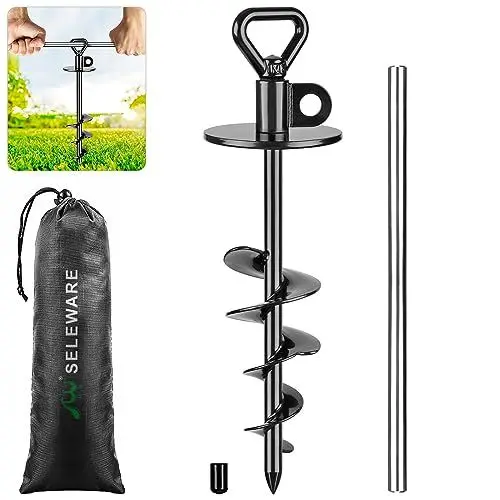 Produktbild: SELEWARE Dog Tie Out Stake Outdoor Anti-Rust Ground Anchor für große Hunde bis zu 220 lbs, Free Swivel Dog Stake Dog Camping Gear Twist Rod Included