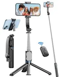 Produktbild: Selfie Stick Stativ, 106cm Handy Stativ Erweiterbar Handystativhalter mit Abnehmbarer Fernbedienung & Handy Ständer, Selfie Stange Stativ für Smartphone 360° Drehbar Kompatibel mit iPhone, Android