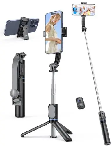 Produktbild: Selfie Stick mit Abnehmbarer Handyhalterung,106 cm Ausziehbares Handy Stativ mit Fernbedienung, 360° Drehbarer StativStänder für iPhone, Samsung und Android-Smartphones (Schwarz)
