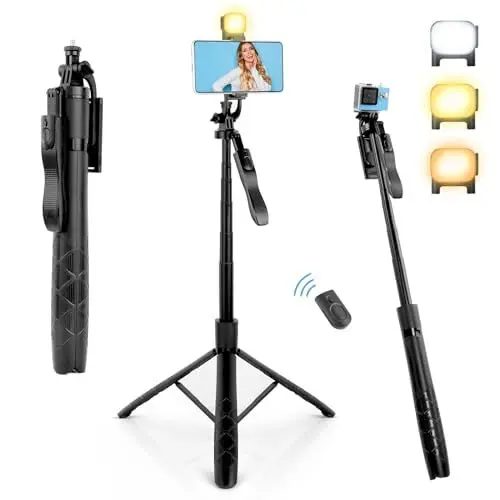 Produktbild: Selfie Stick mit Handy Stativ, UTEBIT 1.6m Ausziehbar Handystativhalter mit Bluetooth Fernbedienung und Fülllicht, 360° Rotation Handyhalterung Stativ für iPhone Smartphone Kamera Gopro