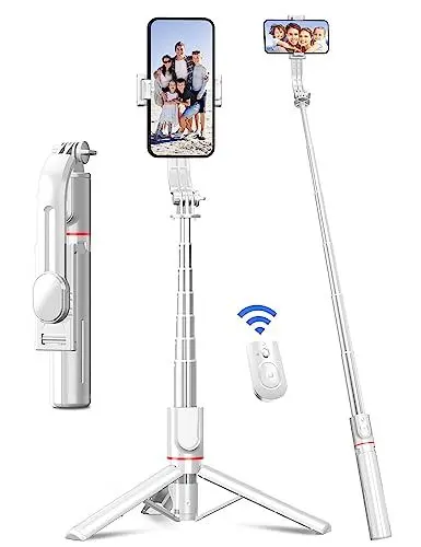 Produktbild: Selfie Stick mit Verbessertem Stativ (2023 Ganz Neues Entwurf) Selfie Stange aus Aluminium Handy Stativ mit Abnehmbarer Fernbedienung um 360° Drehbar für iPhone Samsung, Action-Kamera GoPro (Weiß)