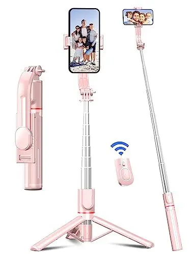 Produktbild: Selfie Stick mit Verbessertem Stativ (2023 Ganz Neues Entwurf) Selfie Stange aus Aluminium Handy Stativ mit Abnehmbarer Fernbedienung um 360° Drehbar für iPhone Samsung, Action-Kamera GoPro (Rosa)