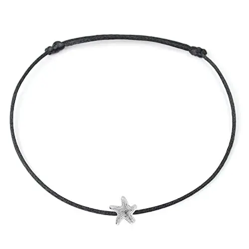 Produktbild: Selfmade Jewelry Fußkettchen Damen Seestern Handgemachtes Fußbändchen mit Seestern-Anhänger Größenverstellbar Inkl. Geschenk-Verpackung (Silber - Schwarz)