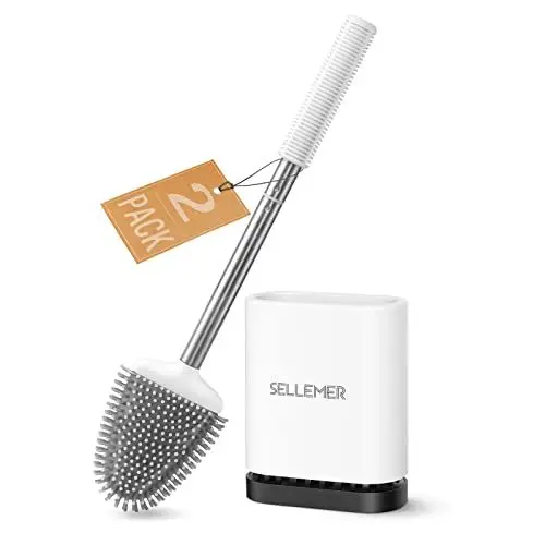 Produktbild: Sellemer 2 Stück Klobürste Silikon, Wand/Fuß Montierte WC Bürste, Toilettenbürste Edelstahlmit Schnell Trocknendem Halter, Flexible Silikon Toilettenbürste für Toilette（Weiß）
