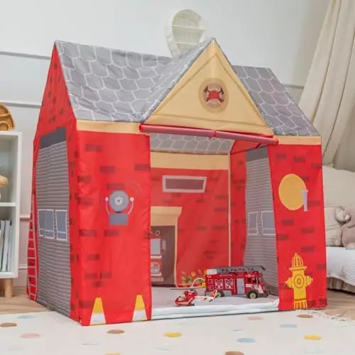 Produktbild: Selonis Spielhaus Spielzelt Feuerwehrhaus Keine Bälle Faltbares Für Kinder Realistisches Design Langlebige Und Sichere Leicht Zu Montieren Drinnen Und Draußen, Rot-Grau