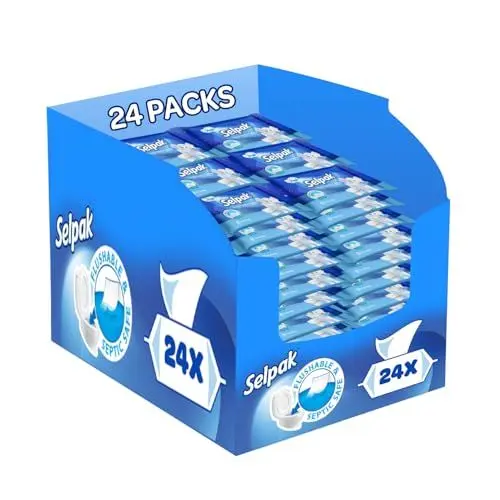 Produktbild: Selpak Feuchtes Toilettenpapier Spülbar, 1008 Tücher Klopapier (24 Packungen x 42), 100% Reine Zellulose Biologisch Abbaubar Camping Wc Papier, Reisegröße Packungen, Plastikfrei, Sensitiv, pH Wert