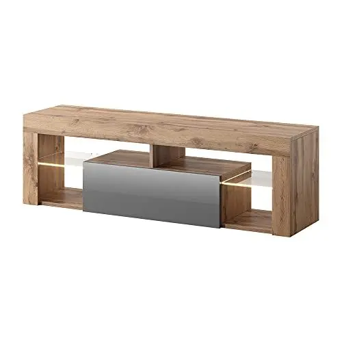 Produktbild: Selsey BIANKO – TV-Lowboard/TV-Schrank in Holz-Optik Lancaster Eiche mit Klappe in Grau Hochglanz mit LED-Beleuchtung Stehend 140cm