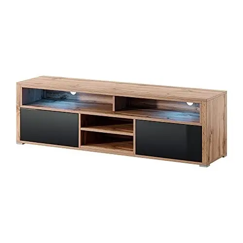 Produktbild: Selsey TV-Lowboard Fernsehschrank Mario 137 cm, Wotan Eiche Matt/Schwarz Hochglanz, LED mit Batterie