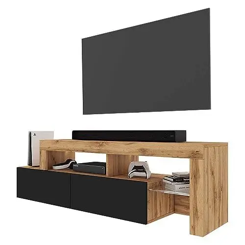 Produktbild: Selsey TV Schrank Board Sideboard Fernsehtisch Fernsehschrank 172 cm LED Beleuchtung Asymmetrisch Wotan Eiche Schwarzer Front Asten