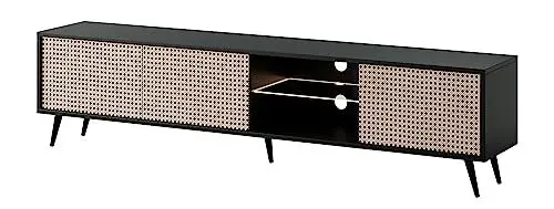 Produktbild: Selsey TV Schrank Board Sideboard Fernsehtisch Fernsehschrank Mit Schränken Wiener Geflecht 175 cm Schwarze Beine Schwarz Beige Bello