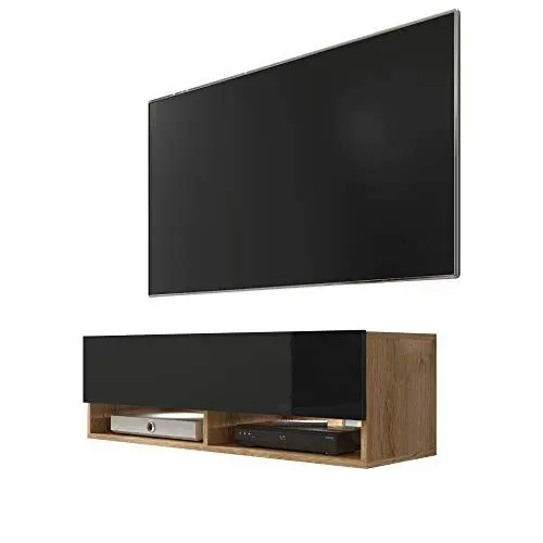 Produktbild: Selsey Wander - TV-Board/Fernsehschrank für Wohnzimmer hängend/stehend, optional mit LED, 100 cm (Holzoptik Wotan Eiche/Schwarz Hochglanz, mit LED)