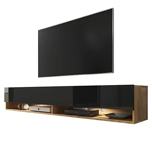 Produktbild: Selsey Wander - TV-Board/Fernsehschrank für Wohnzimmer hängend/stehend, optional mit LED, 180 cm breit (Holzoptik Wotan Eiche/Schwarz Hochglanz, mit LED)
