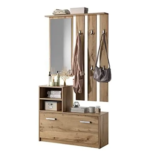 Produktbild: Selsey YESFIR – Garderobenset mit Schuhschrank und Spiegel, Wotan Eiche Matt, 85 cm