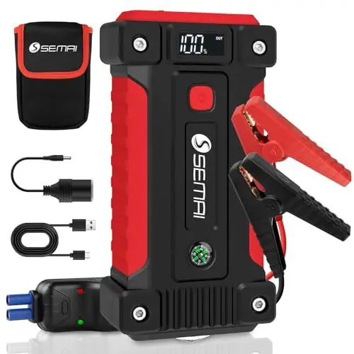 Produktbild: SEMAI Starthilfe Powerbank, Auto Batterie Booster 2000A Spitzenstrom 12000mAH, 12V Jump Starter mit USB-Schnellladung, Geeignet für Benzin und Dieselmotoren bis 8L, Mit LED-Licht und LCD Display