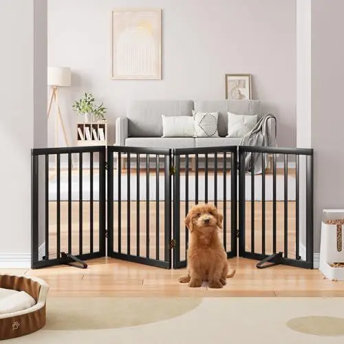 Produktbild: Semiocthome Massives Bambus-Hundegitter mit 2 Ständern, freistehende Haustiergitter für Türen und Treppen, 61 cm Höhe, 4 Paneele, Welpengitter für das Haus, vollständig montiertes Indoor-Tor