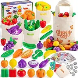 Produktbild: SEMKOTREE Kaufladen Zubehör Holz, Spiellebensmittel Kinderküche Zubehör, Kaufmannsladen Zubehör mit Spielgeld Euro Scheine und Münzen, Rollenspielzeug für Jungen Mädchen 3 Jahren