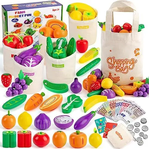 Produktbild: SEMKOTREE Kaufladen Zubehör Holz, Spiellebensmittel Kinderküche Zubehör, Kaufmannsladen Zubehör mit Spielgeld Euro Scheine und Münzen, Rollenspielzeug für Jungen Mädchen 3 Jahren