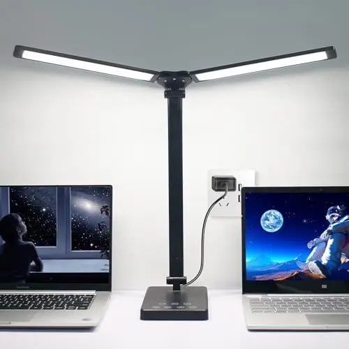 Produktbild: Semlos Dual Arm LED-Schreibtischlampe mit Nachtlicht, 25 Beleuchtungsmodi, USB-Ladeanschluss, 45-Minuten-Auto-Off-Timer - Touch Control Desktop-Lampe, Arbeit und Schlaf, schwarz (Stecker enthalten)