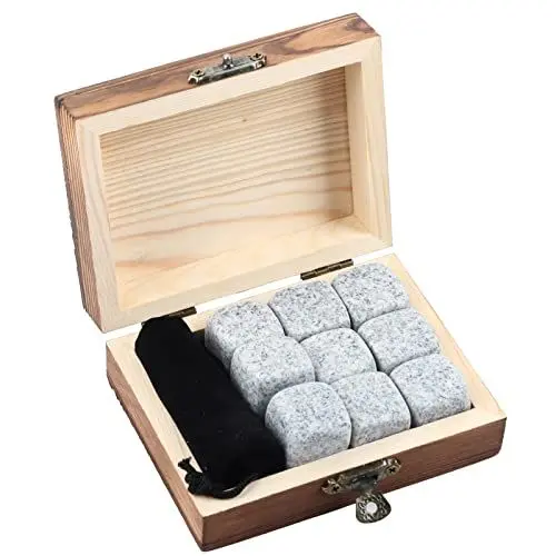 Produktbild: Sempoda 9-teilige Granit-Whisky-Steine ​​mit Stoffbeutel, Wiederverwendbare Eiswürfelkugeln, Kühlfelsen, Weinkühler mit Holzkiste, Kühlkugeln für Getränke, Bar, Bier(Sesam weiß)