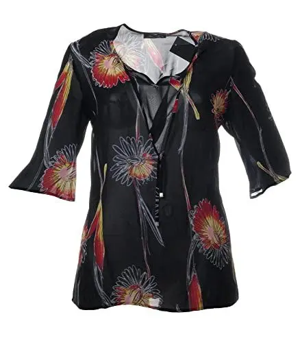 Produktbild: Sempre Piu Damen Tunika Schwarz transparent halbarm mit V-Ausschnitt Blumen Sommer-Mode große Größen elegant am Strand, Farbe:Rot, Größe:54