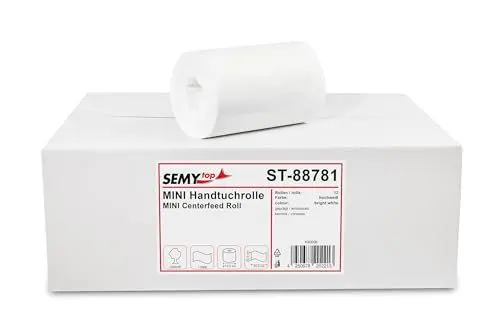 Produktbild: SemyTop Top Handtuchrolle Mini, Innenabwicklung 20 cm, ohne Kern, Ø 12 cm, 1 lagig, hochweiß, 1er Pack (1 x 12 Stück) ST-88781