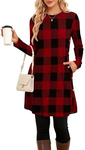 Produktbild: SENBATU Pullover-Kleider für Damen, Winter, langärmelig, Kausale Knöpfe, seitliches Pulloverkleid mit Taschen, XX-Large, rot, schwarz, kariert