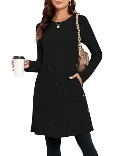 Produktbild: SENBATU Pulloverkleid Damen Langarm Winterkleid Damen Seitliche Knöpfe Kleider Damen mit Taschen Schwarz Mittel