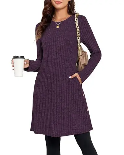 Produktbild: SENBATU Strickkleid Damen Lässiger Rundhalsausschnitt Kleid Damen Gestricktes Midikleid mit Taschen Lila Klein