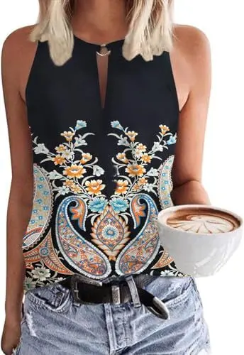 Produktbild: SENBATU Tank Top Damen Ärmellose Oberteile Damen Sommer Lässiges V-Ausschnitt Blusen Paisley Boho Blumenmuster Schwarz Mittel M 38-40