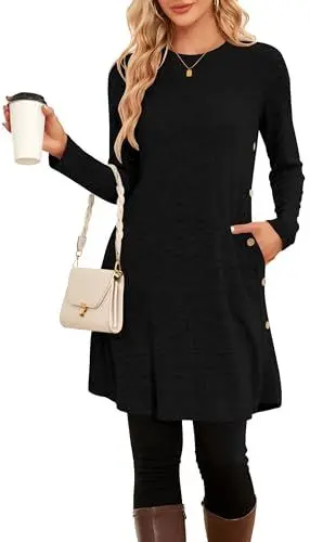 Produktbild: SENBATU Winter-Pullover-Kleider für Damen, Midi-Langarm, Kausale Knöpfe, seitliches Tunika-Kleid mit Taschen, Mittel,schwarz