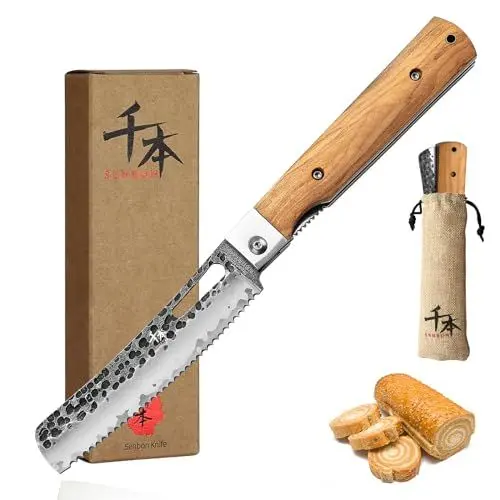 Produktbild: SENBON 440 Geschmiedeter Edelstahl Camping Brot Messer Klinge Sharp japanisches stil Falten Tragbares Reise Brot Olive Griff Gebäck Messer