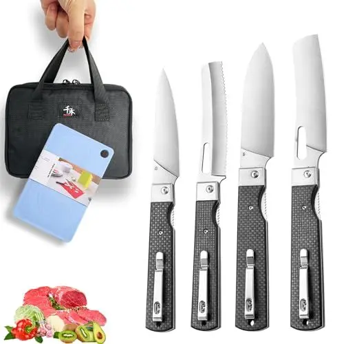 Produktbild: SENBON 440 Geschmiedeter Edelstahl Camping Chef Klinge Scharfe Japanische Faltende Tragbare Reise Obst Messer Olive Griff Tasche Kochen Messer Set