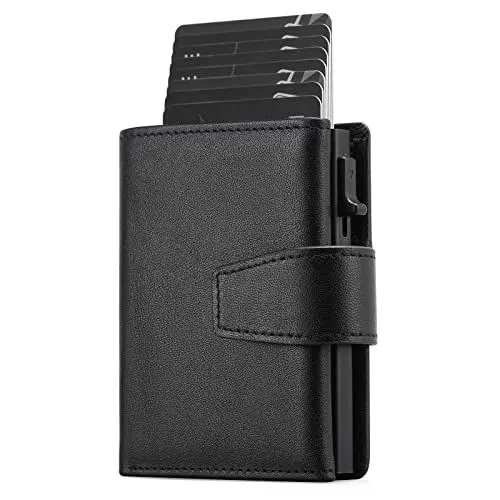 Produktbild: SENDEFN Kartenetui mit Münzfach | Geldbörse Herren RFID Schutz | Geldbeutel aus echtem Leder | Mini Portemonnaie Herren Slim Wallet | Pop-up Kartenhalter | Clip aus Aluminium