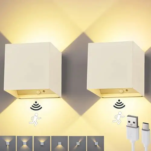 Produktbild: SENFAY 2 Pack 6W LED Akku Wandleuchte Batteriebetrieben 3600mAh Innen Wandlampe Bewegungsmelder Warmweiß USB Aufladbare Wandbeleuchtung Einstellbar Abstrahlwinkel Flurlampe Magnetische Wireless Weiß